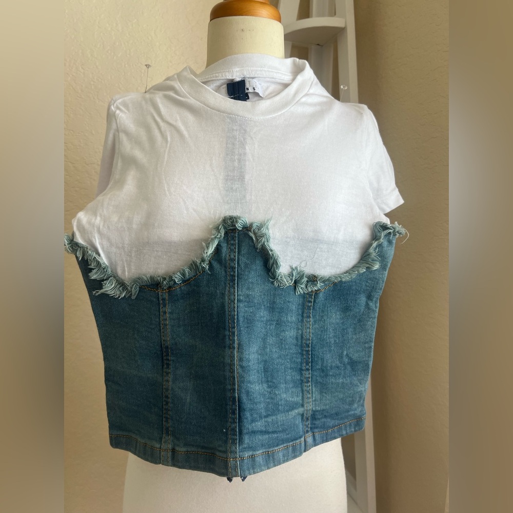 Frayed Denim Bustier Crop Top with White Tee